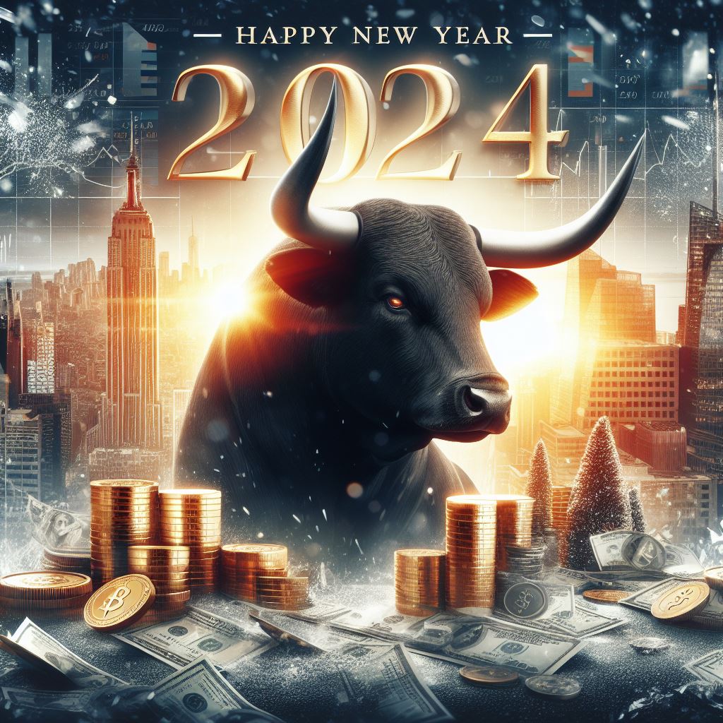 A bull with horns surrounded by stacks of coins and Happy New Year 2024 across the top. 