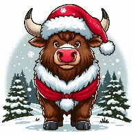A cartoon of a bull wearing a santa hat and a red and white jacket
