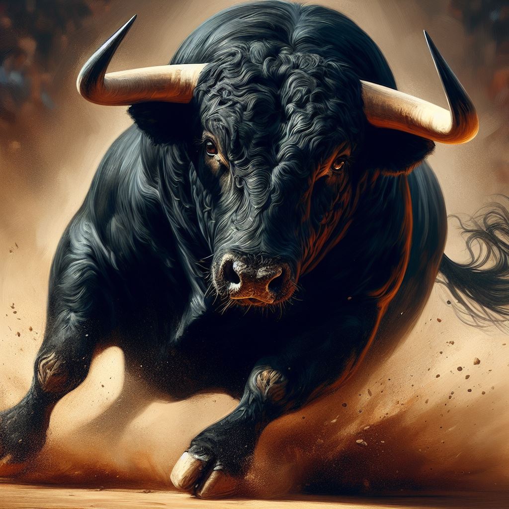 A charging black bull with horns 