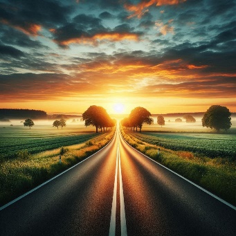 Looking forward, on an open road, at sunrise.
