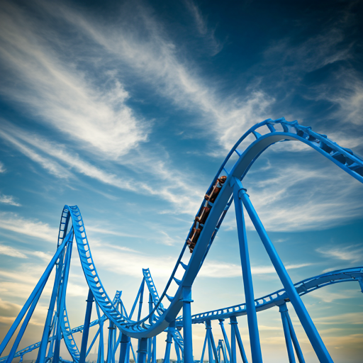A roller coaster with blue rails symbolizing the highs and lows of the market. 