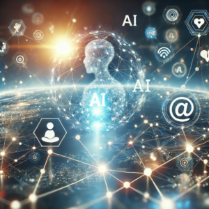 A digital image of a person's head connected to network spanning the globe.