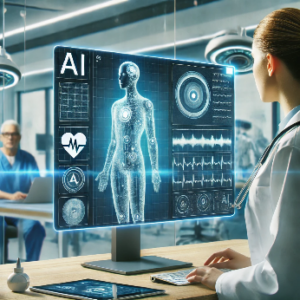 A medical professional looking using an AI image to diagnose a patient.