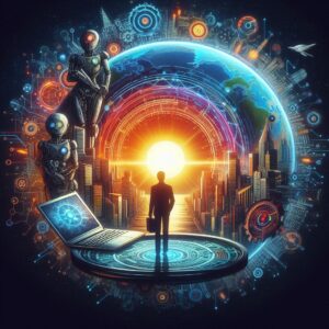 A person surrounded by a spiral of emerging AI shapes.