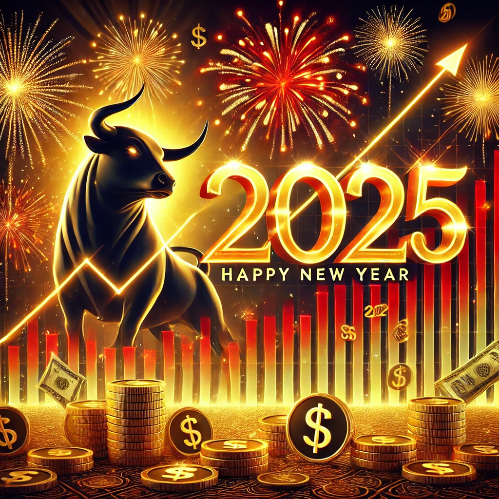 A bull and fireworks in front of a chart, ringing in 2025.