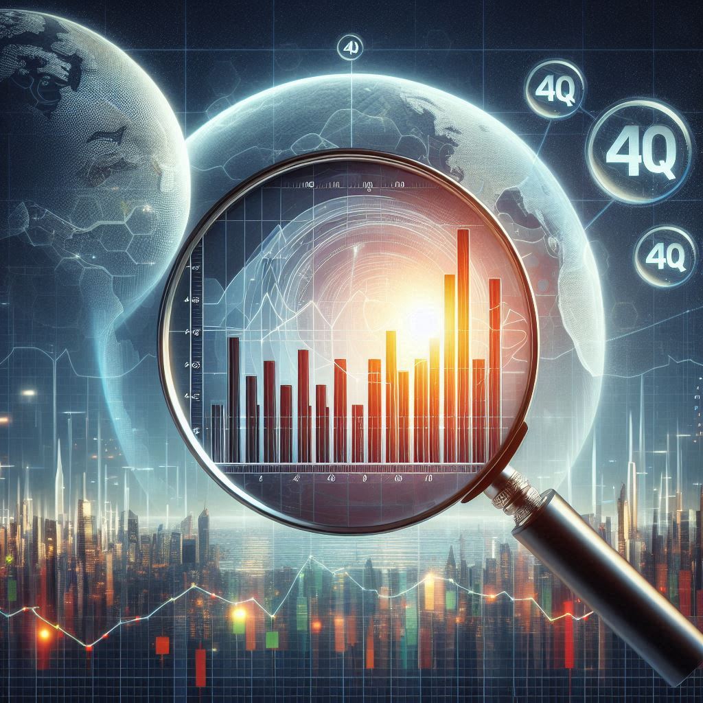 The Fourth Quarter 2024 review, represented by a magnifying glass examining a bar chart over the skyline of a city.