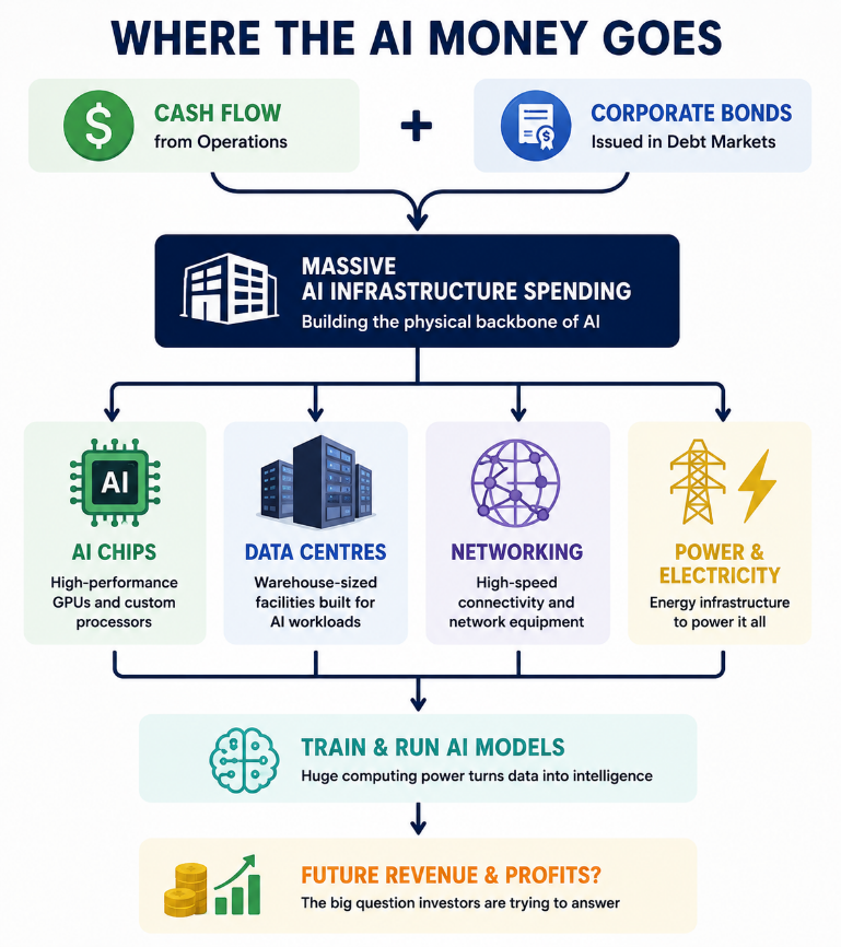 Infographic of what the money for AI is spent on: chips, datacentres, networking, power, AI training and development.